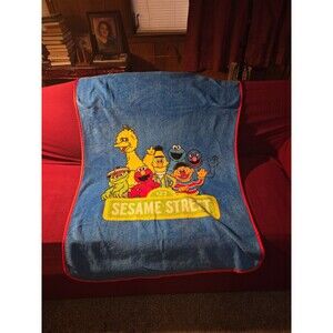 Blue Plush Sesame Street Throw Blanket Soft Big Bird Elmo Oscar Bert Ernie 36x50